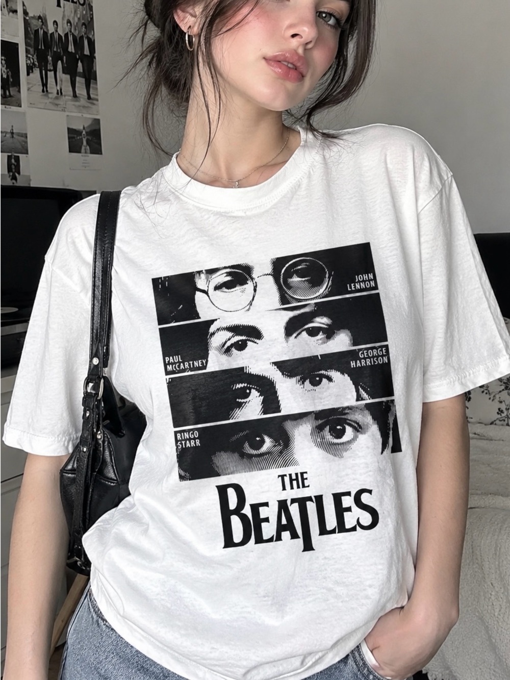 The Beatles Band Members Eyes Collage Classic Rock Music Band Graphic Tee